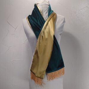 Diane Von Furstenberg Green Velvet/Velour and Gold Fringed Scarf